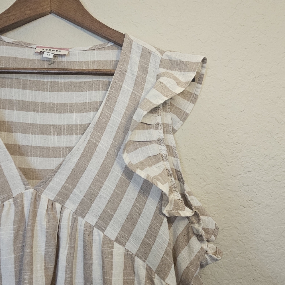 Andree By Unit Taupe Babydoll Mini Dress Womens 1X Beige Cream Stripe Lined - Picture 4 of 7